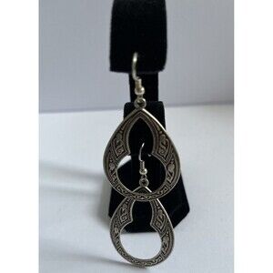 Clara Beau Classy Silver Tone Deco Mosaic Teardrop Hoop Dangle Earrings E098